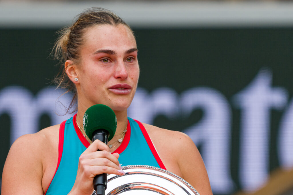 An emotional Aryna Sabalenka speaks to the crowd after losing to Coco Gauff in the 2025 French Open final