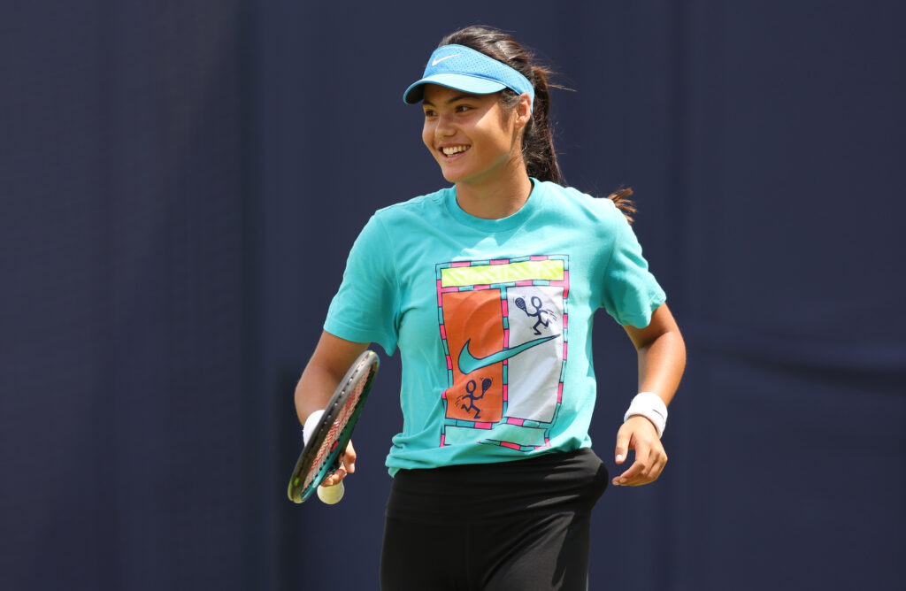 Emma Raducanu of Great Britain in action during a practice day prior to The HSBC Championships
