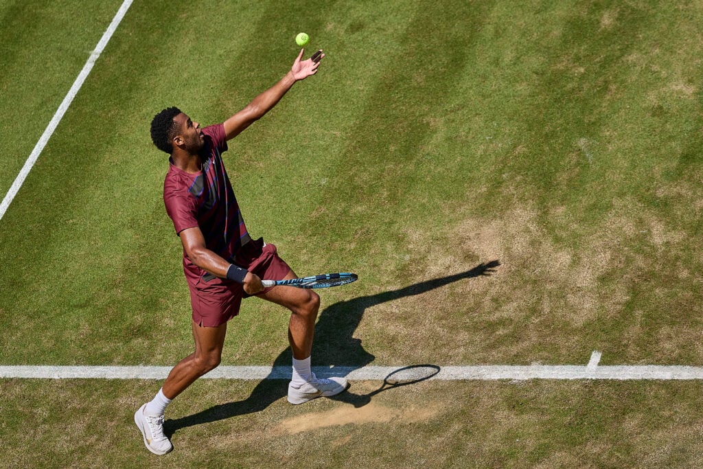 Giovanni Mpetshi Perricard serving at the 2025 Stuttgart Open