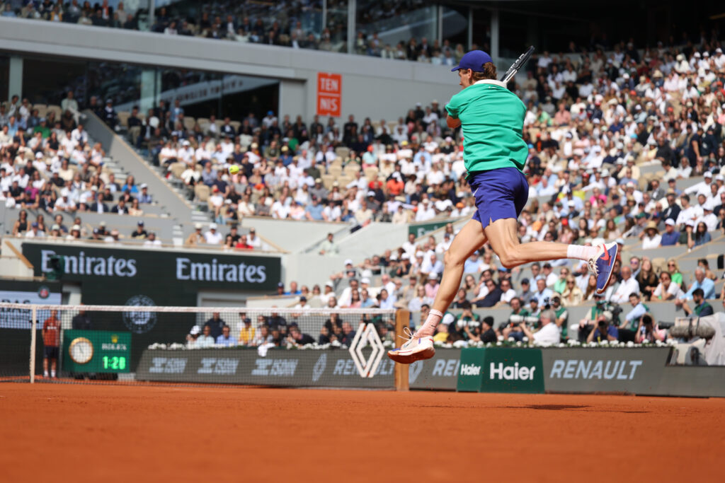 A general view of Jannik Sinner of Italy in action against Carlos Alcaraz of Spain in the Final of the Men's singles competition on Court Philippe-Chatrier during the 2025 French Open Tennis Tournament at Roland Garros,