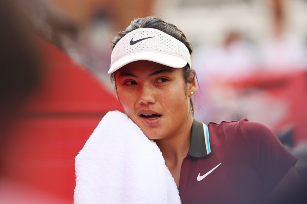 Emma Raducanu looks on during her win over Rebecca Sramkova at the 2025 Queen's Club Championships