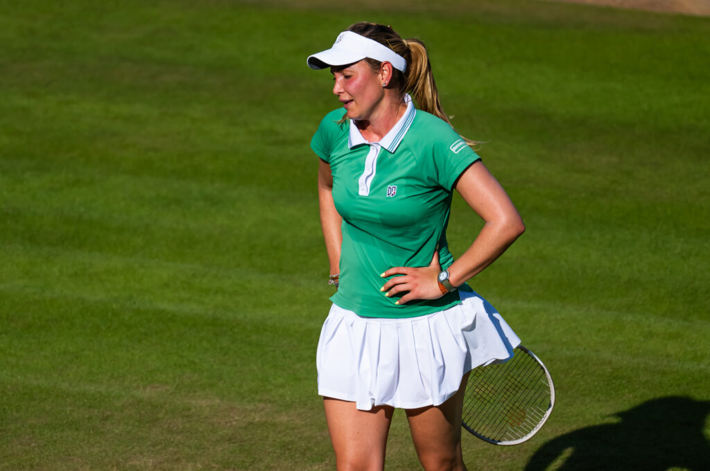 Donna Vekic of Croatia in action against Diana Shnaider in the first round on Day 2 of the Berlin Tennis Open.