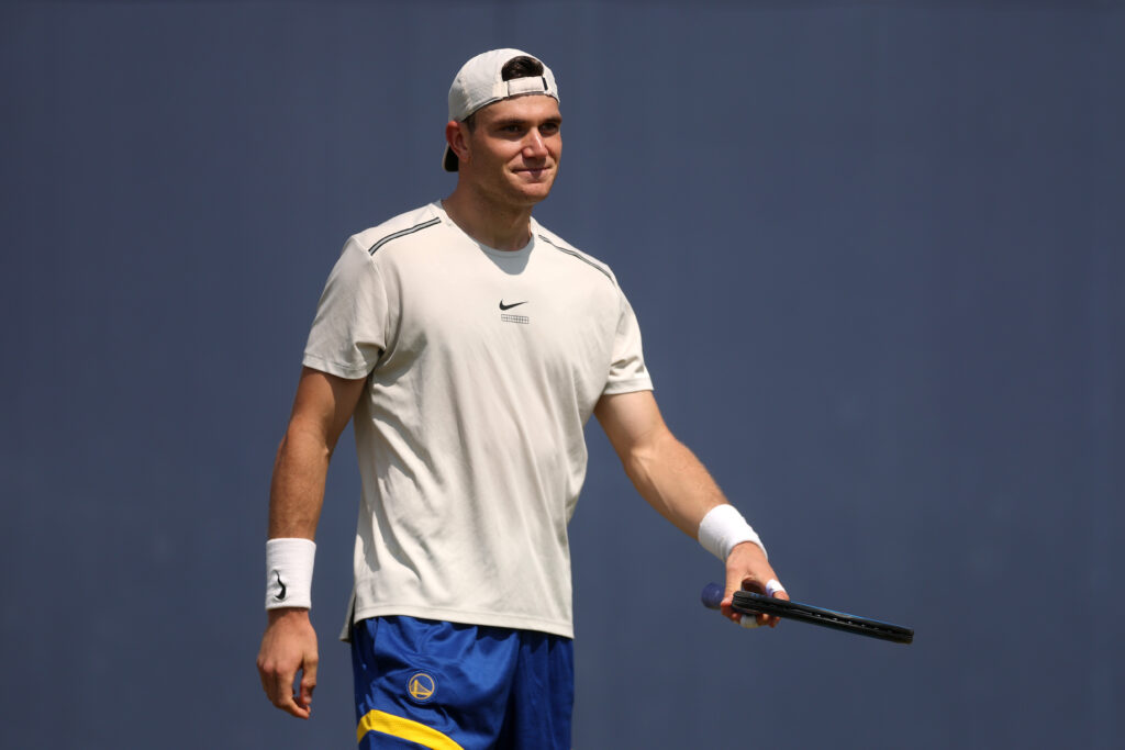 Jack Draper of Great Britain looks on during a practice session on Day Six of the 2025 HSBC Championships at The Queen's Club.