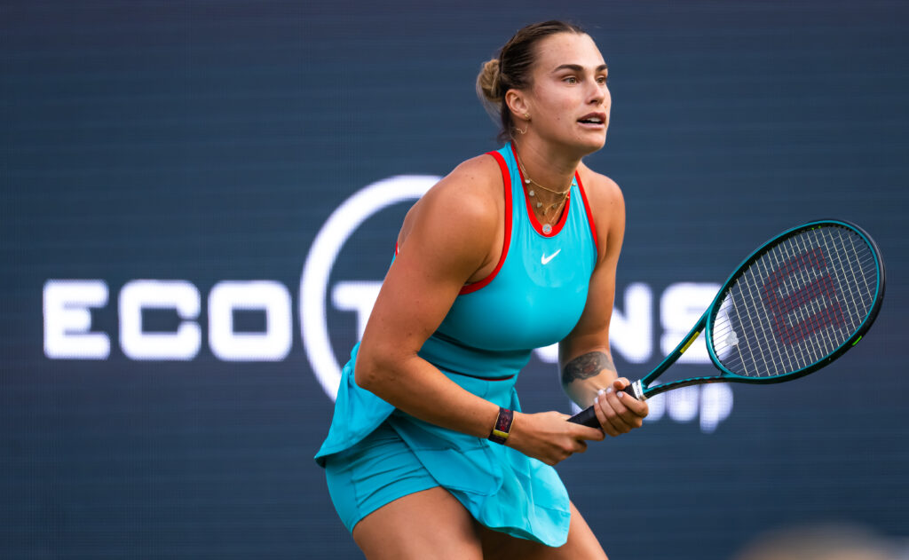 Aryna Sabalenka in action against Rebeka Masarova of Switzerland in the second round on Day 3 of the Berlin Tennis Open by Hylo.