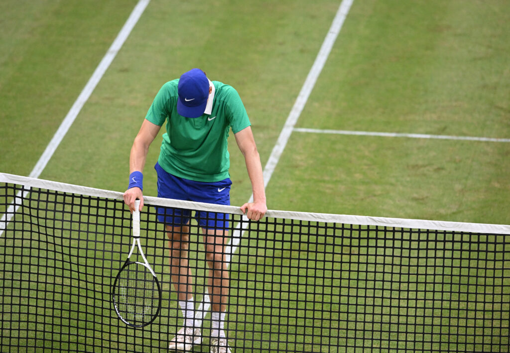 Jannik Sinner reacts during match with Alexander Bublik at the Halle Open.