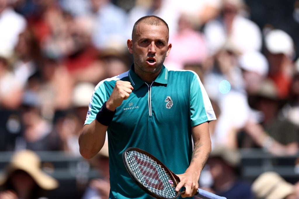 Dan Evans reacts during match with Frances Tiafoe at Queen's.