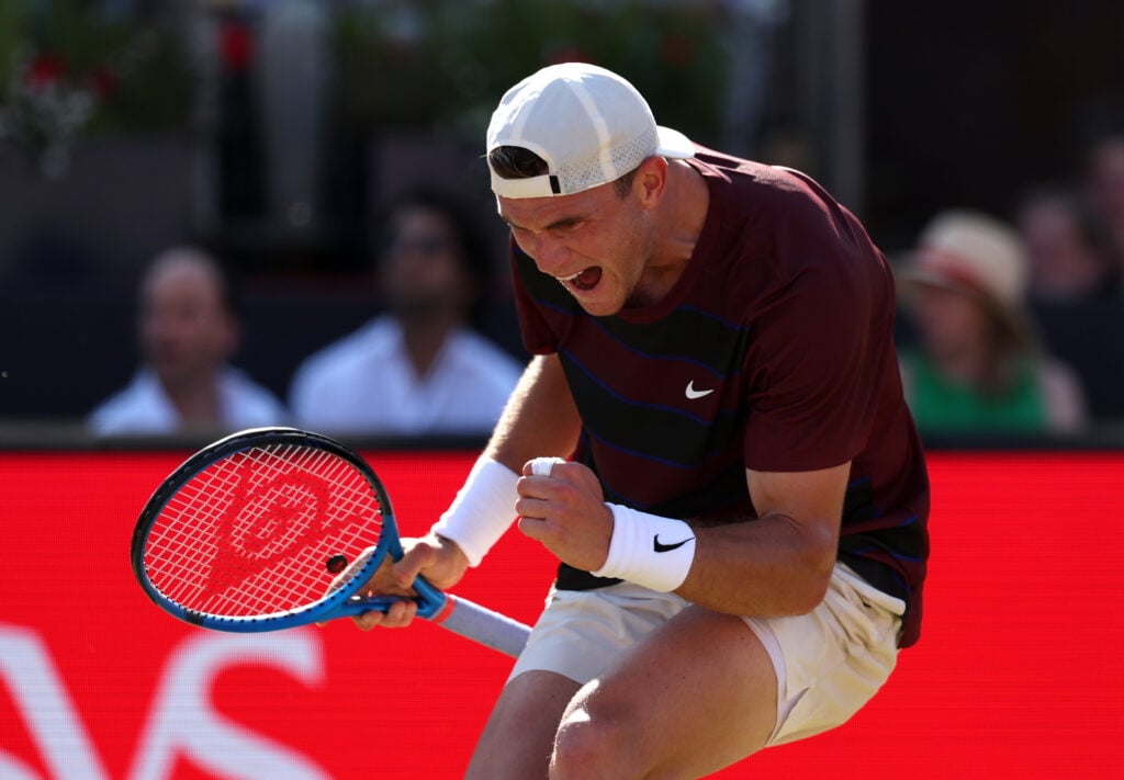 Jack Draper celebrates during his win over Alexei Popyrin at Queen's