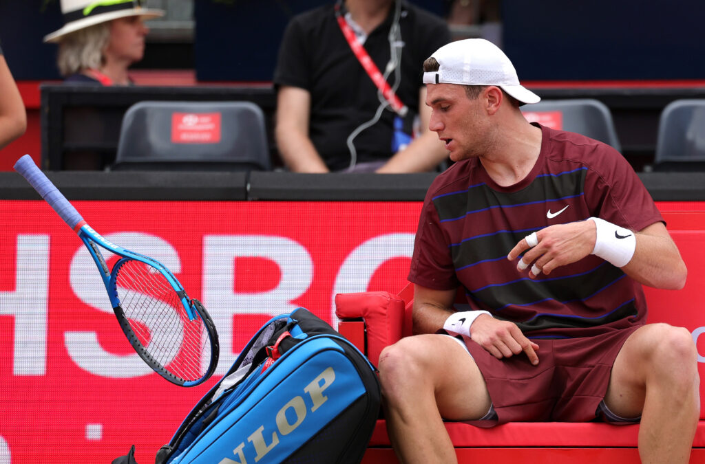 Jack Draper throws his racket during defeat to Jiri Lehecka at Queen's