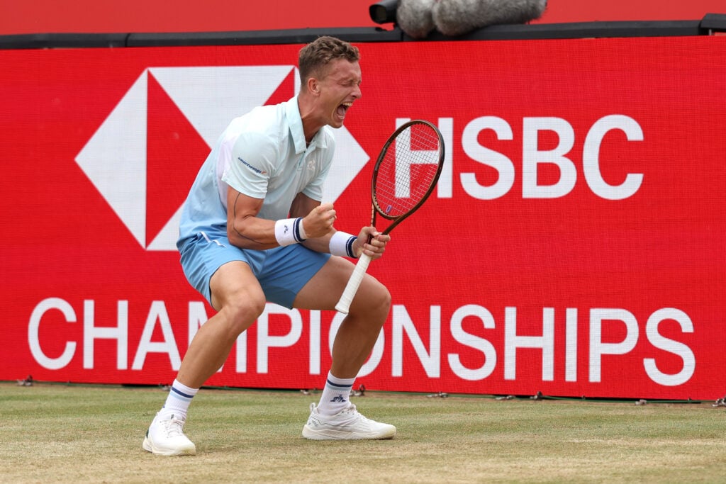 Jiri Lehecka celebrates after defeating Jack Draper at Queen's.