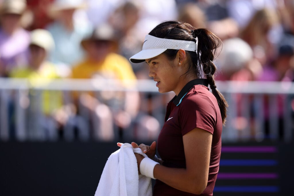Emma Raducanu reacts during her defeat to Maya Joint at Eastbourne