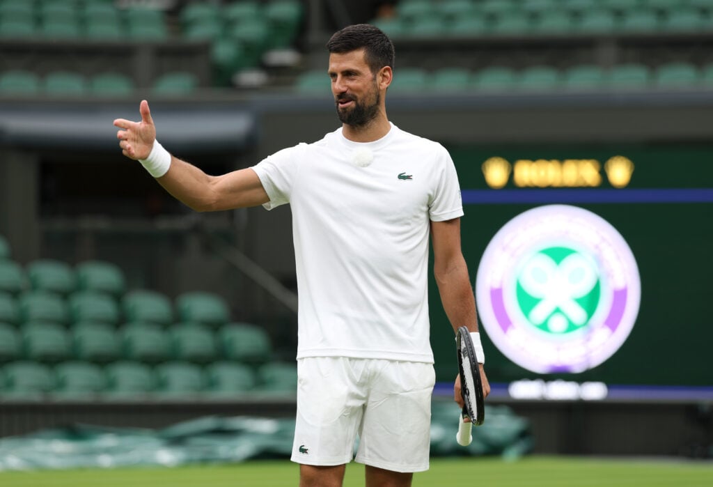 Novak Djokovic of Serbia gestures during practice prior to The Championships Wimbledon 2025 at All England Lawn Tennis and Croquet Club.