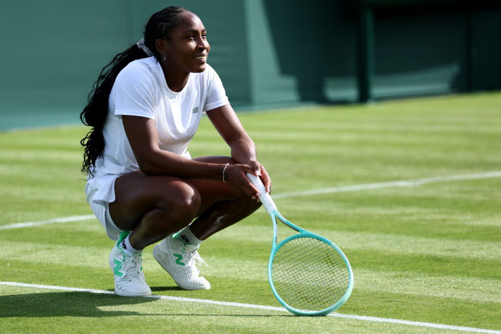 Coco Gauff warms up at Wimbledon.