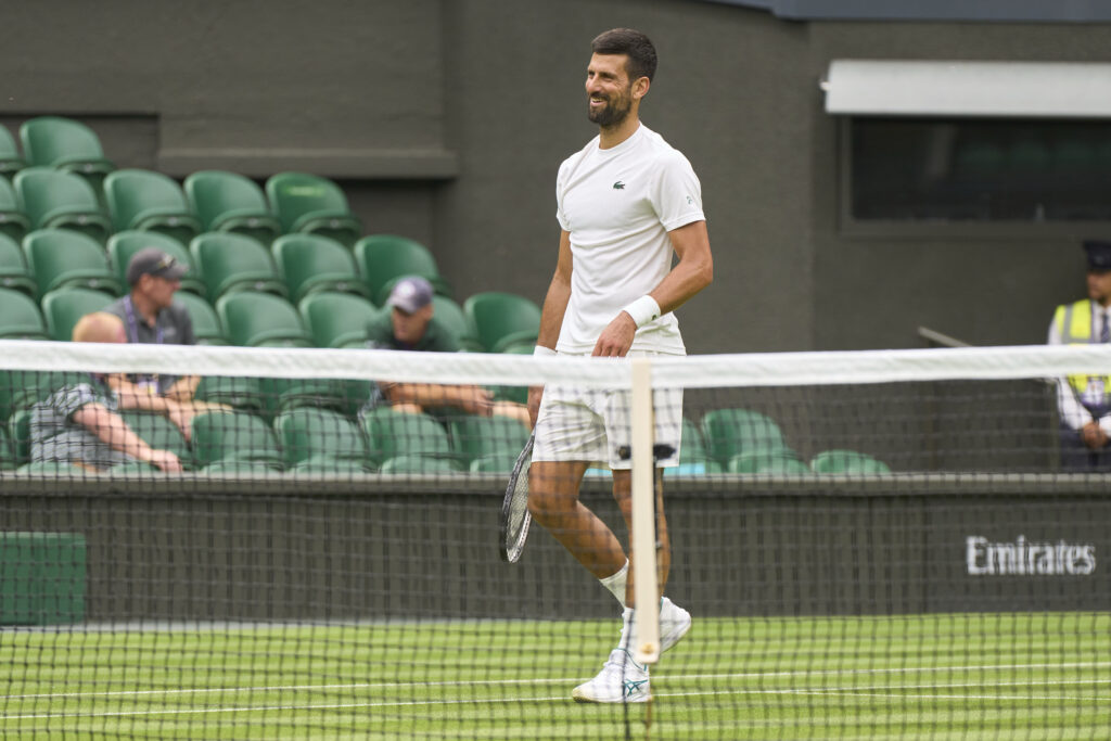 Novak Djokovic practicing ahead of the 2025 Wimbledon championships.