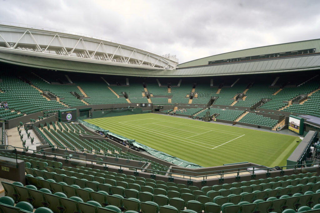A general view of Centre Court being prepared for Wimbledon 2025