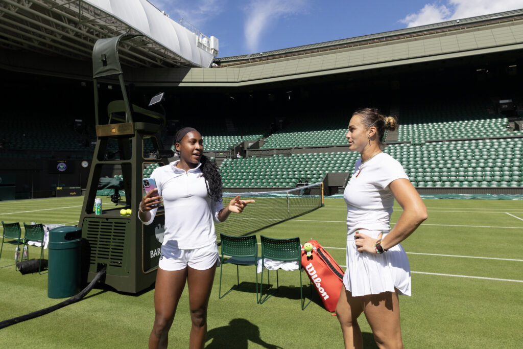 Coco Gauff and Aryna Sabalenka getting ready to practice ahead of Wimbledon in 2025.