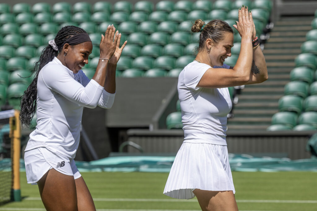 Coco Gauff and Aryna Sabalenka on Centre Court ahead of the 2025 Wimbledon championships.