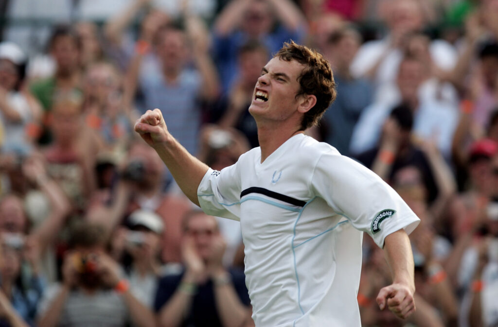 Andy Murray celebrates winning match point against Radek Stepanek at Wimbledon in 2005