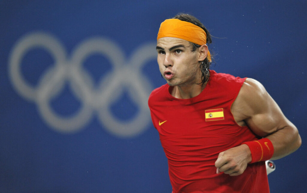 Rafael Nadal of Spain celebrates after defeating Jurgen Melzer at the 2008 Olympics