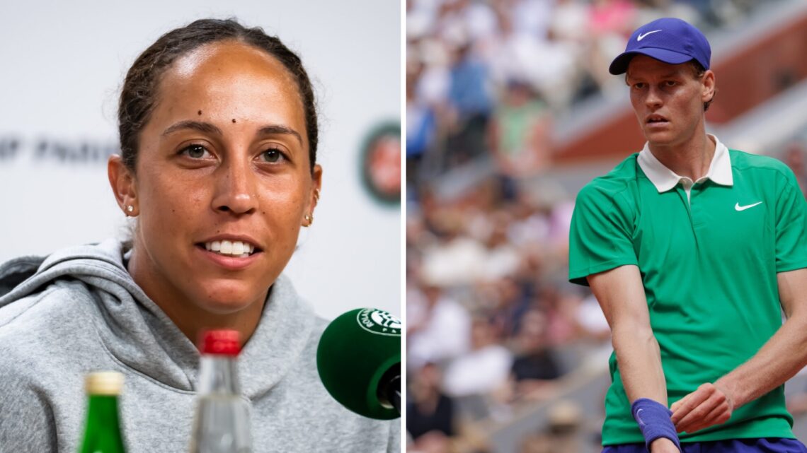 Split image of Madison Keys of the United States talks to the press during Media Day ahead of the French Open at Roland Garros and Jannik Sinner of...
