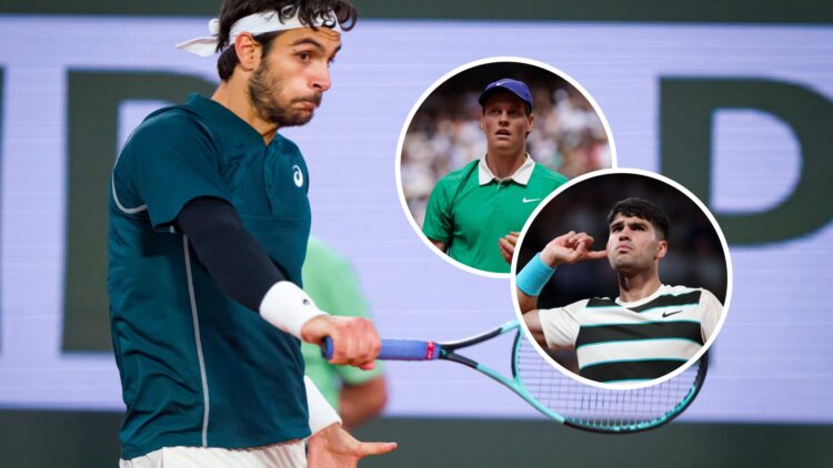Image of Lorenzo Musetti hitting a backhand against Carlos Alcaraz at the 2025 French Open, inset of Jannik Sinner celebrating during his win over ...