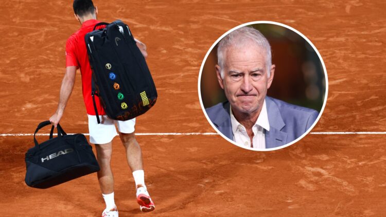 Image of Novak Djokovic leaving the court after his defeat to Jannik Sinner at the 2025 French Open, inset of John McEnroe speaking during a US Ope...