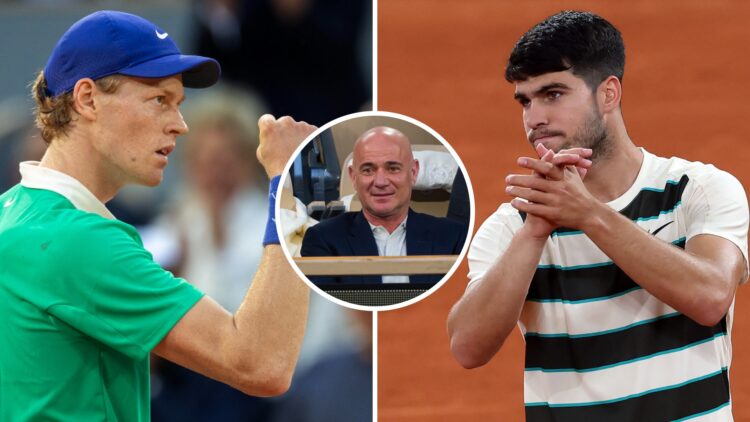 Split image of Jannik Sinner celebrating during his win over Novak Djokovic at the 2025 French Open, image of Carlos Alcaraz applauding Lorenzo Mus...