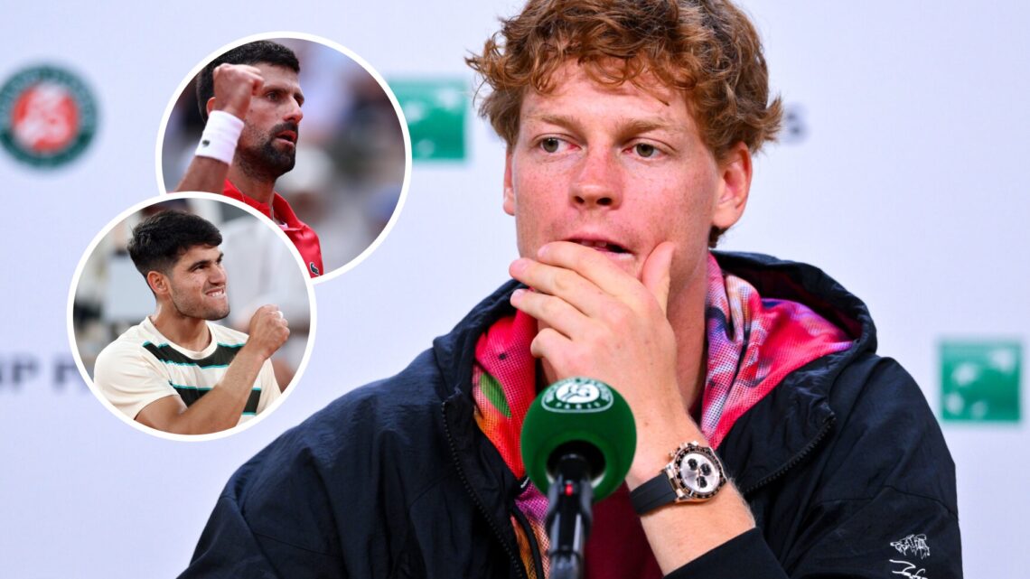 Image of Jannik Sinner speaking at a pre-French Open press conference in 2025, inset of Carlos Alcaraz celebrating during his win over Tommy Paul a...