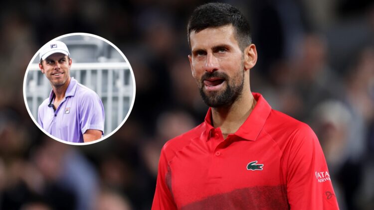 Image of Novak Djokovic reacting during his quarterfinal win over Alexander Zverev at the 2025 French Open, inset of Sam Querrey looking on during ...