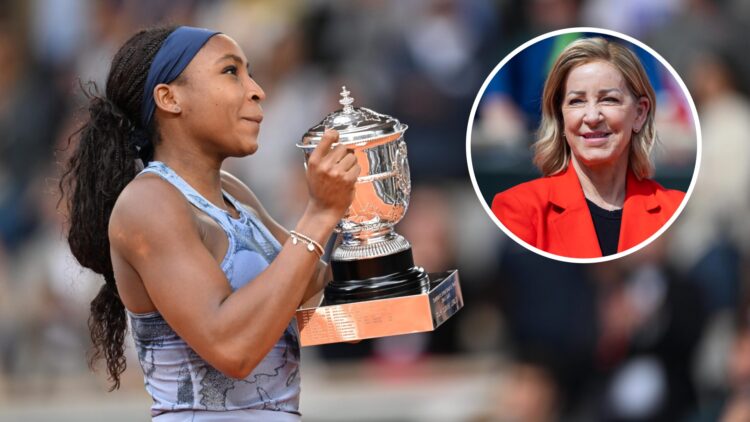 Image of Coco Gauff lifting the title after winning the 2025 French Open, inset of Chris Evert looking on during the 2024 French Open final