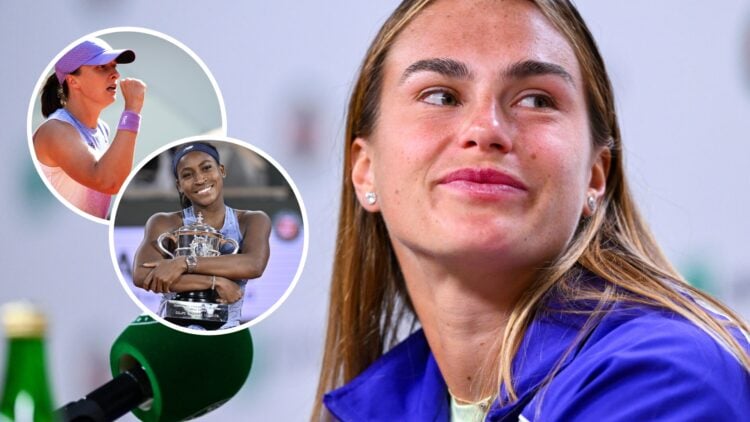 Image of Aryna Sabalenka speaking during a press conference, inset of Coco Gauff holding the French Open title, inset of Iga Swiatek celebrating du...
