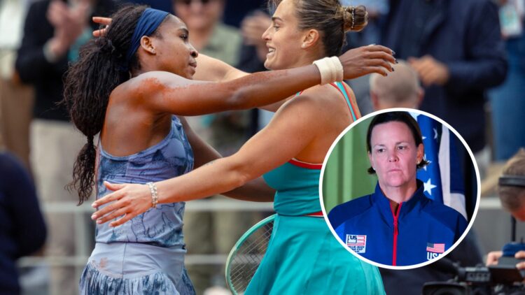 Coco Gauff and Aryna Sabalenka hug (left) and Lindsay Davenport (right) in a circle overlay