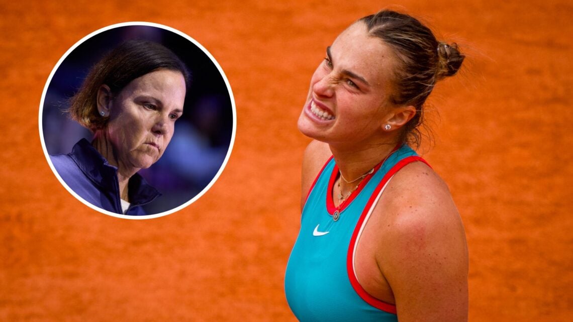 Image of Aryna Sabalenka looking on during her defeat to Coco Gauff in the final of the 2025 French Open, inset of Lindsay Davenport looking on dur...