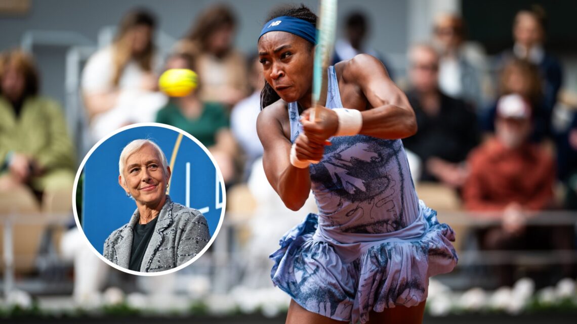 Main: Coco Gauff in the French Open Final and Inset: Martina Navratilova