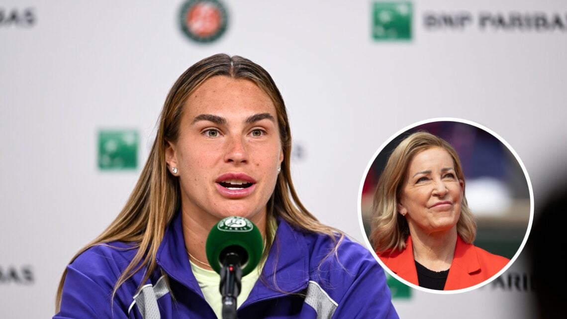 Aryna Sabalenka (left) speaks at her press conference and Chris Evert (right) looks on in a circle overlay