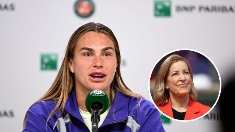 Aryna Sabalenka (left) speaks at her press conference and Chris Evert (right) looks on in a circle overlay