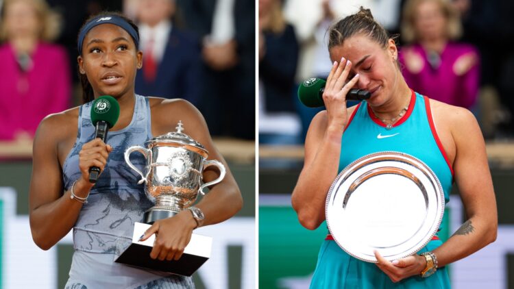 Split image of winner Coco Gauff of USA celebrates during the podium ceremony after her victory against Aryna Sabalenka of Belarus in the women's f...