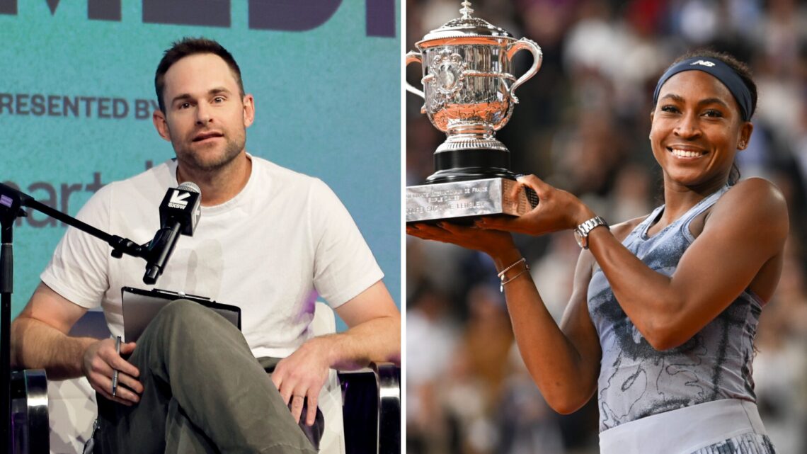 Andy Roddick (left) speaks into a microphone and Coco Gauff (left) smiles with the French Open trophy