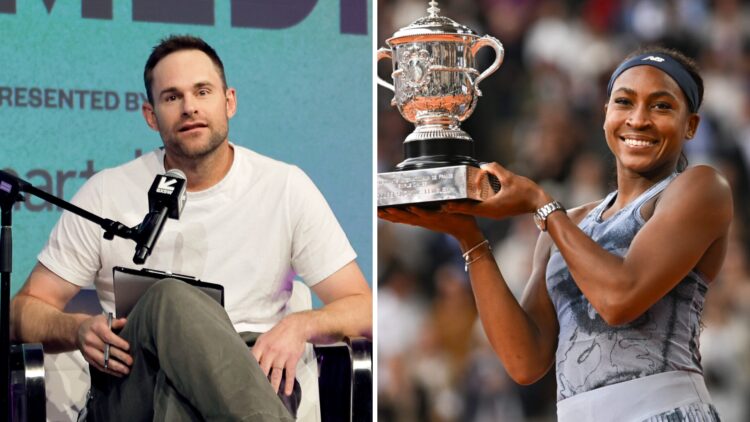 Andy Roddick (left) speaks into a microphone and Coco Gauff (left) smiles with the French Open trophy