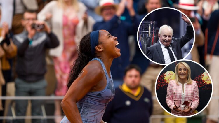 Coco Gauff celebrates winning the 2025 French Open, insets Tracy Austin poses with the Annalee Thurston Award and Rod Laver waves at a trophy prese...
