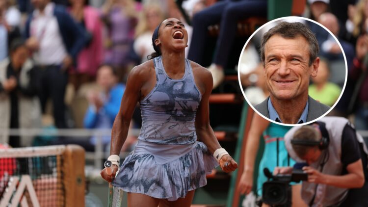 Coco Gauff celebrates winning the 2025 French Open, inset Mats Wilander is celebrated on court at the 2018 French Open