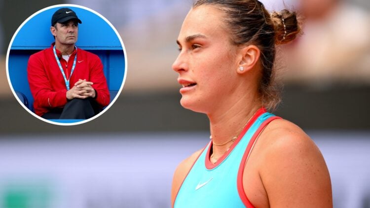Aryna Sabalenka looks on during the Women's Singles Final match on Day Fourteen of the 2025 French Open at Roland Garros, with an inset of Paul Ann...