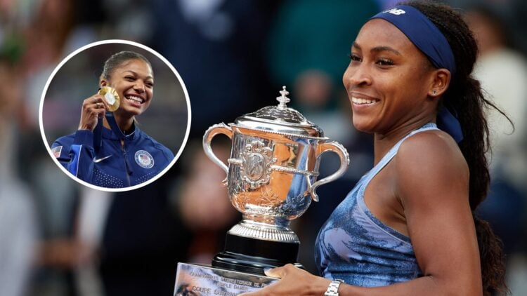Image of Coco Gauff posing with the 2025 French Open title, inset of Gabby Thomas celebrating after winning Olympic Gold at the 2024 Paris Games