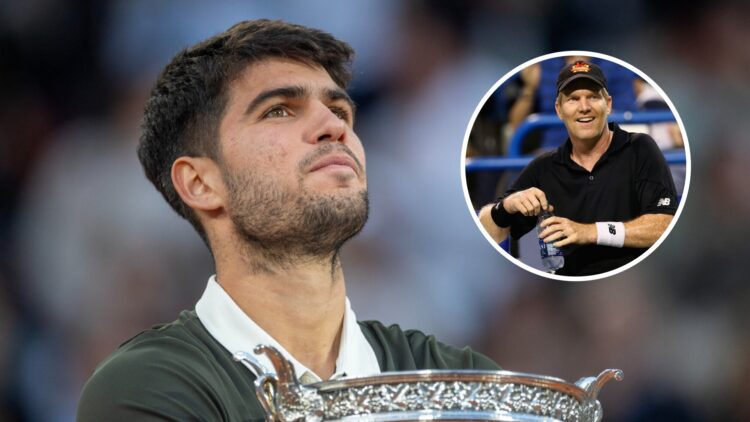 Image of Carlos Alcaraz holding the trophy after beating Jannik Sinner in the 2025 French Open final, inset of Jim Courier looking on during a lege...