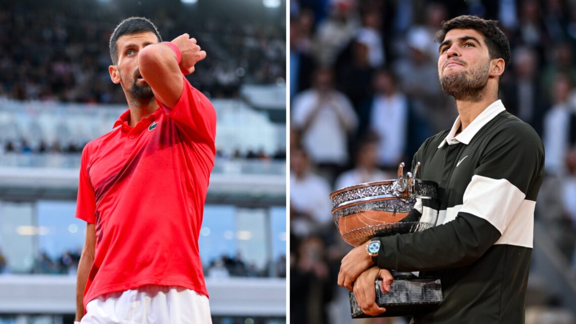 Novak Djokovic (left) wipes his brow and Carlos Alcaraz (right) smiles with the French Open trophy in his arms