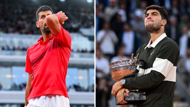 Novak Djokovic (left) wipes his brow and Carlos Alcaraz (right) smiles with the French Open trophy in his arms