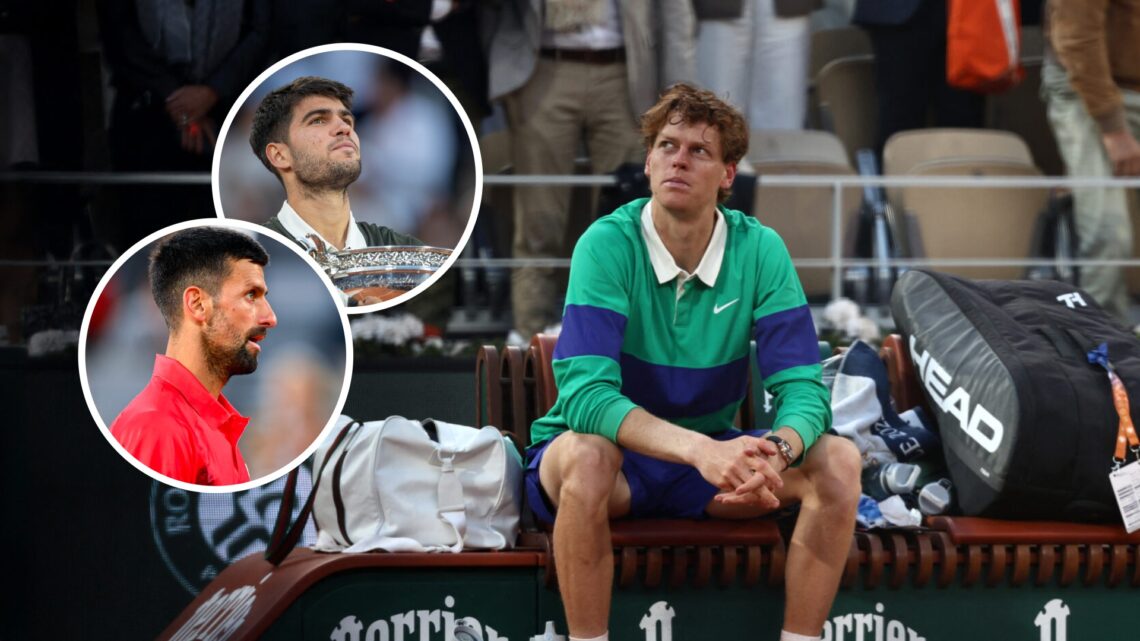 Image of Jannik Sinner looking on after his defeat to Carlos Alcaraz in the 2025 French Open final, inset of Novak Djokovic reacting during his win...