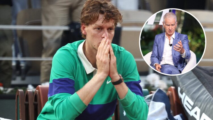 Jannik Sinner reacts after losing the 2025 French Open final, inset John McEnroe speaks at Times Center in 2025