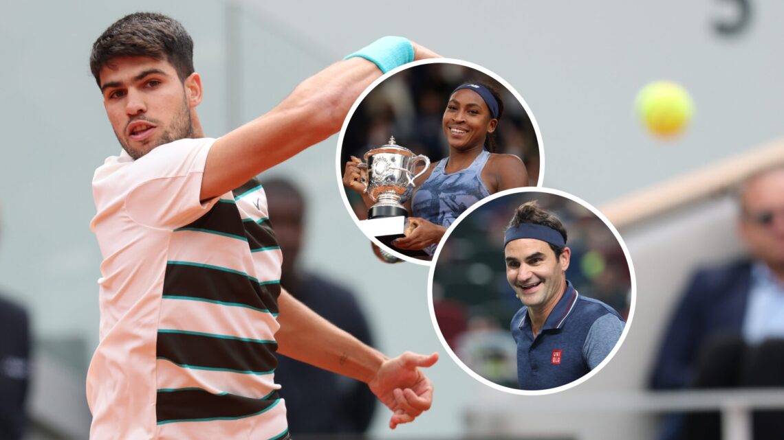 Main: Carlos Alcaraz at the French Open. Insets: Top: Coco Gauff and Bottom: Roger Federer
