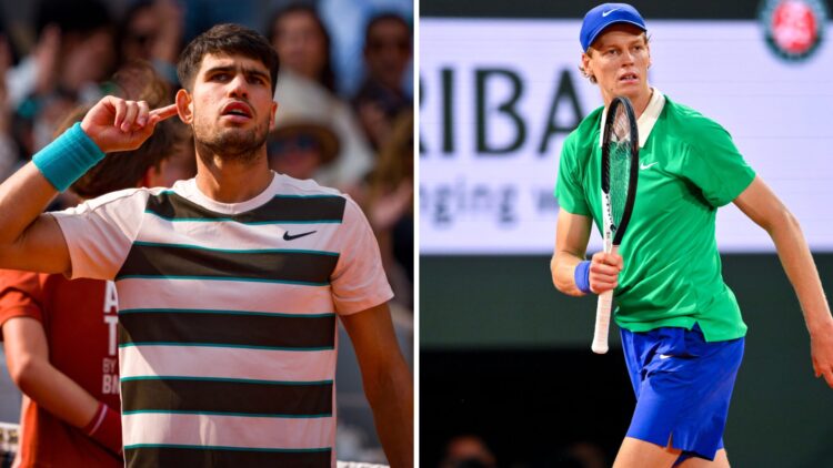 Split image of Carlos Alcaraz of Spain celebrates set point against Jannik Sinner of Italy during the Men's Singles Final match on Day Fifteen of t...