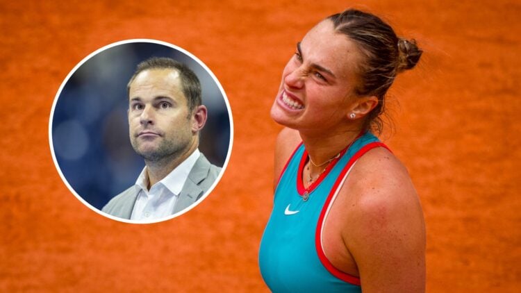 Aryna Sabalenka reacts during the 2025 French Open final, inset Andy Roddick looks on during the 2023 US Open